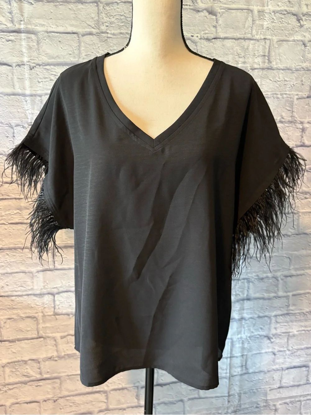 Women's Black V-Neck Feather-Trim Tunic Top